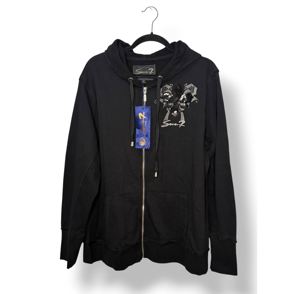 Seven7 Luxe Women's 3X Hooded Sweatshirt Black Zip Front Embellished Y2K NEW